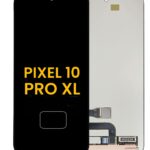 Close-up of a Google Pixel 10 Pro XL smartphone with a cracked LCD screen being carefully repaired using precision tools during a display replacement process