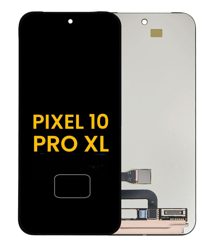 Close-up of a Google Pixel 10 Pro XL smartphone with a cracked LCD screen being carefully repaired using precision tools during a display replacement process